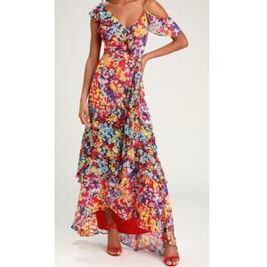 Lulus Ruby Red Floral Print Chiffon Maxi Dress XS Wedding Feminine Date Night